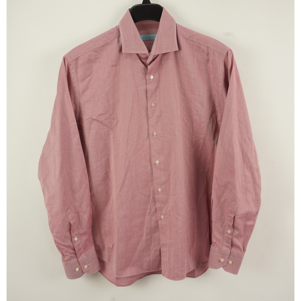 Ateseta Men's Large 16.5 Red Herringbone Cotton‎ Cutaway Collar Dress Shirt